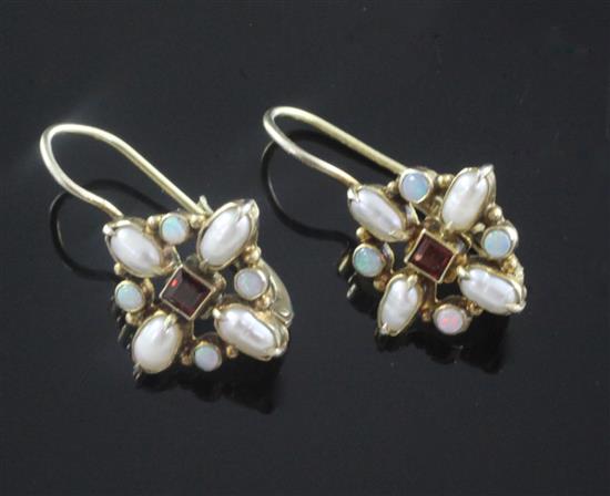 A pair of silver gilt, garnet, white opal and mother of pearl cluster earrings, 17mm.